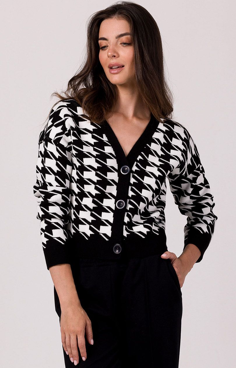 Krótki kardigan w pepitkę czarny BK104, Kolor czarny, Rozmiar L/XL, BeWear - Primodo.com