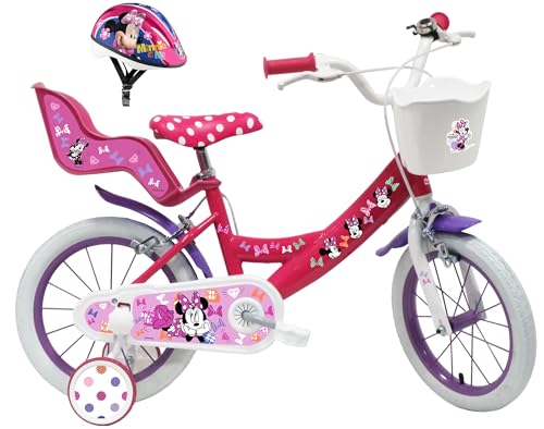 Rower dziecięcy 14 cali Minnie/Disney wyposażony w 2 hamulce, tylny uchwyt dla lalek, przedni kosz i kask w zestawie!