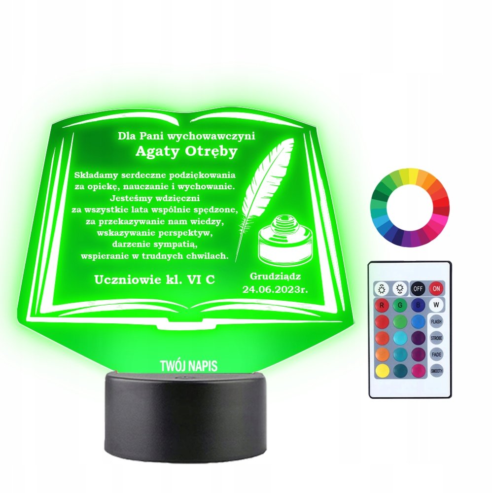 Lampka Nocna 3D LED Podziękowania dla Nauczycielki