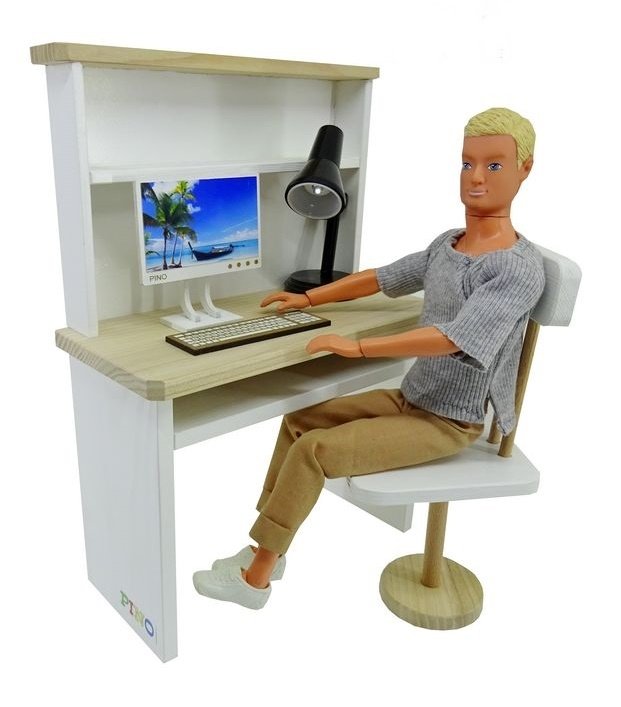 Biurko drewniane z nadstawką i krzesłem + monitor z klawiaturą dla lalki typu Barbie - PINO 1335