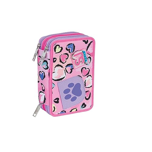 SJ Gang Etui szkolne 3 Zip Dziewczynka - Potrójna Komora FLEECY GIRL - Z Długopisy, Ołówki, Kolory - Różowy, Rebel Pink, Taglia Unica, Casual