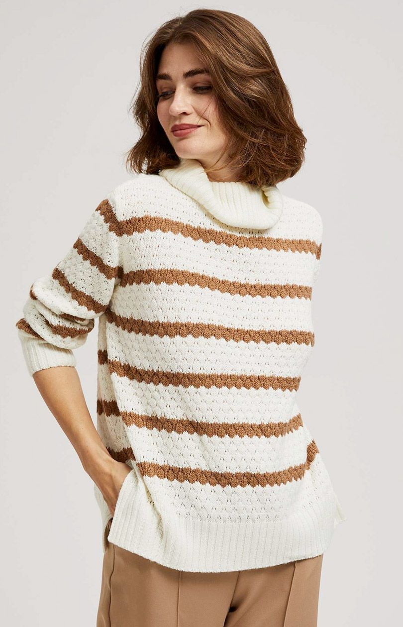 Sweter w paski kremowy 4256, Kolor kremowy-paski, Rozmiar XS, Moodo - Primodo.com