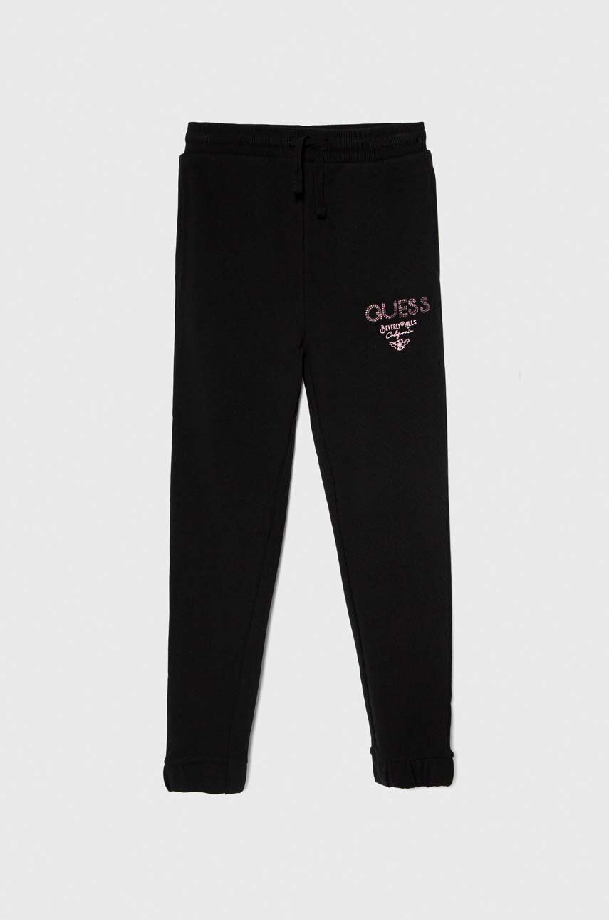 Guess spodnie dresowe bawełniane dziecięce kolor czarny z nadrukiem