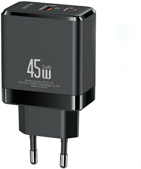 Ładowarka sieciowa Usams US-CC178 T58 USB-C + USB 45W GaN PD3.0 QC3.0 Fast Charging czarna (6958444904658)