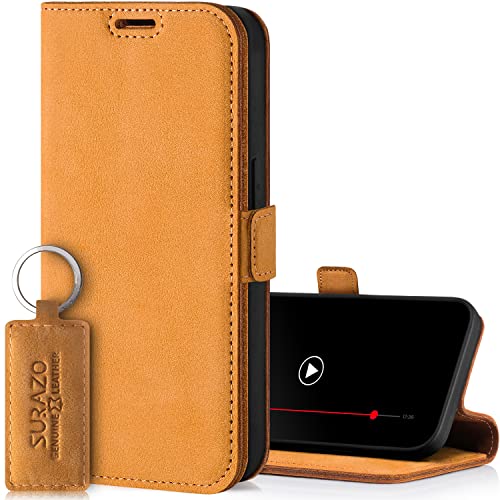 SURAZO Etui na telefon komórkowy Samsung Galaxy S23 FE Slim z magnesem – składane etui ochronne z prawdziwej skóry [przegródka na karty, ochrona RFID, Keyring] etui z klapką z klapką, skórzane etui