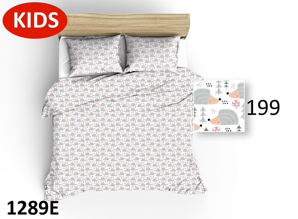Pościel 100x135 1289E biała jeże drzewka szare muchomorki 199D