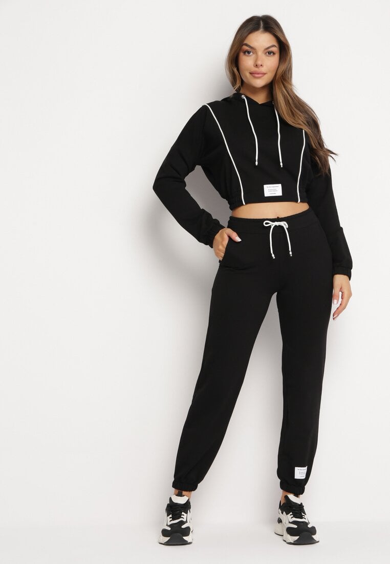 Czarny Bawełniany Komplet Dresowy z Naszywkami i Lampasami Denriks