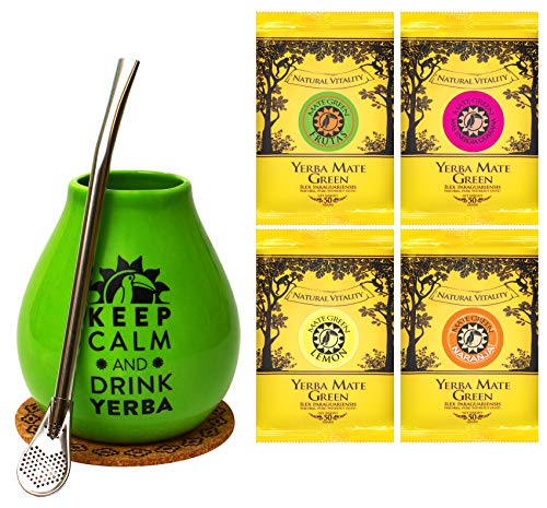Mate Green Luka 'Keep Calm' zestaw kubków do maty, 350 ml, ceramiczny kubek mate ze słomką ze stali nierdzewnej, 17,5 cm, herbata mate z Brazylii, wysoka jakość, owocowa herbata mate