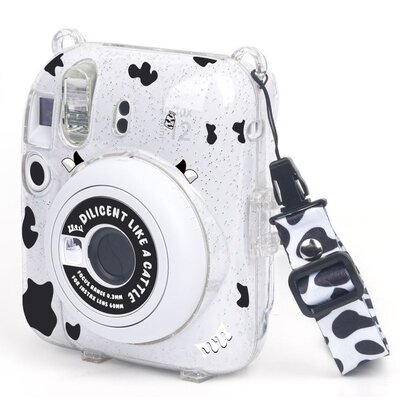 Futerał Etui Pokrowiec Case Do Fujifilm Fuji Instax Mini 12 + Naklejki I Kieszeń Na Zdjęcia / Krówka / Brokat