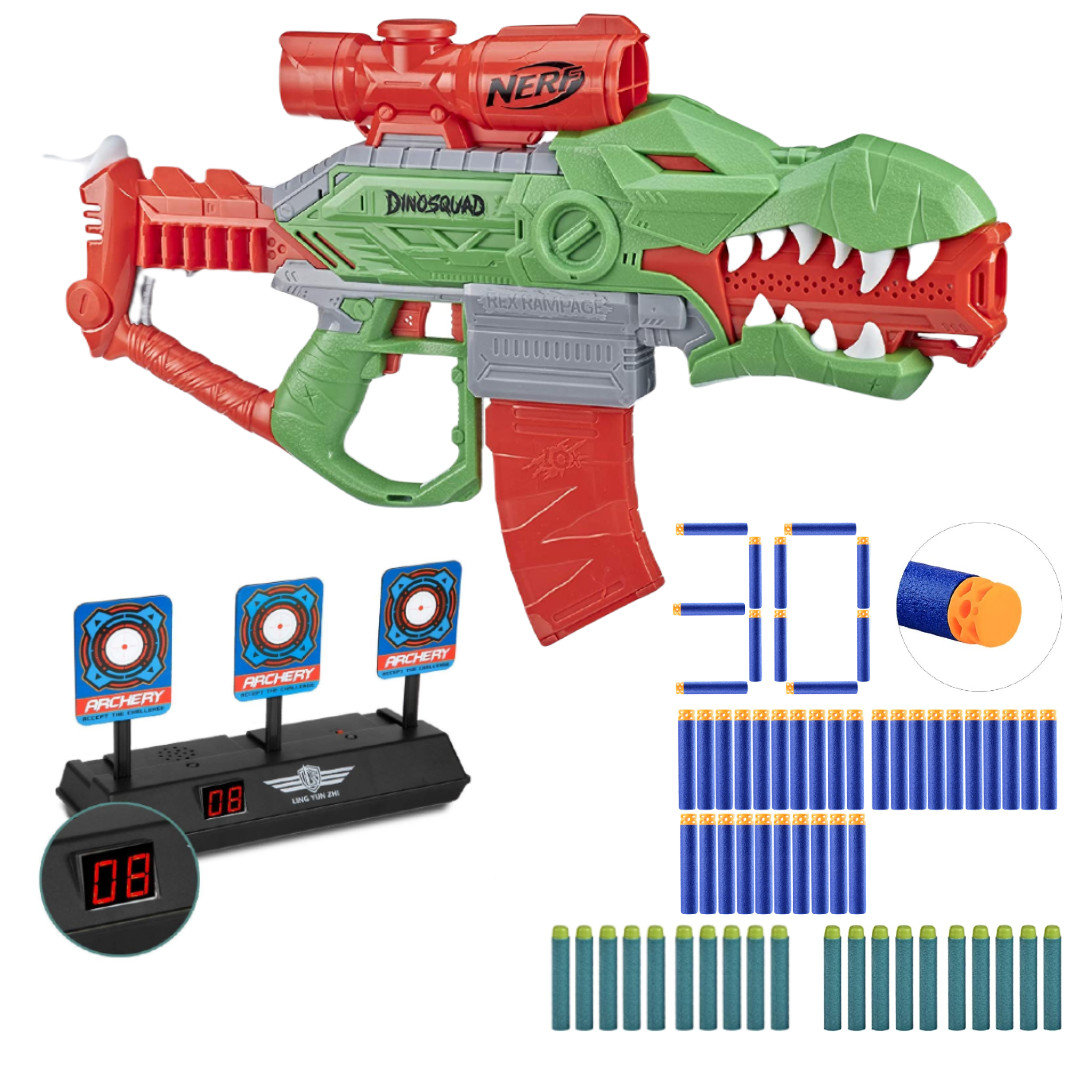 Zesataw Pistolet Nerf Dinosquad Rex-Rampage F0807 + elektroniczna tarcza 3 cele + 30 strzałek waffle