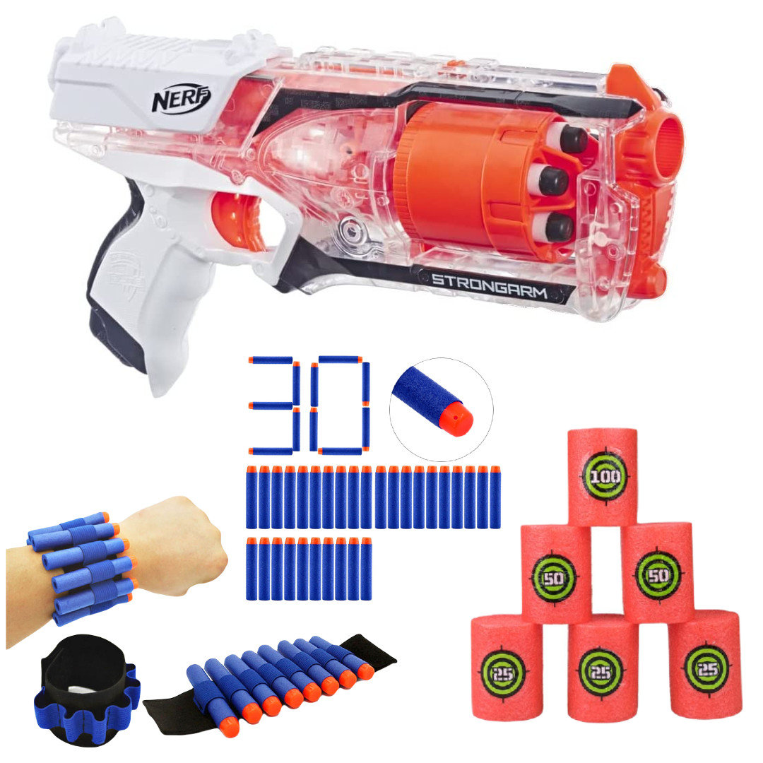 Zestaw Pistolet Nerf N-Strike Elite Strongarm Przeźroczysty E5753 + 30 strzałek + opaska + cele