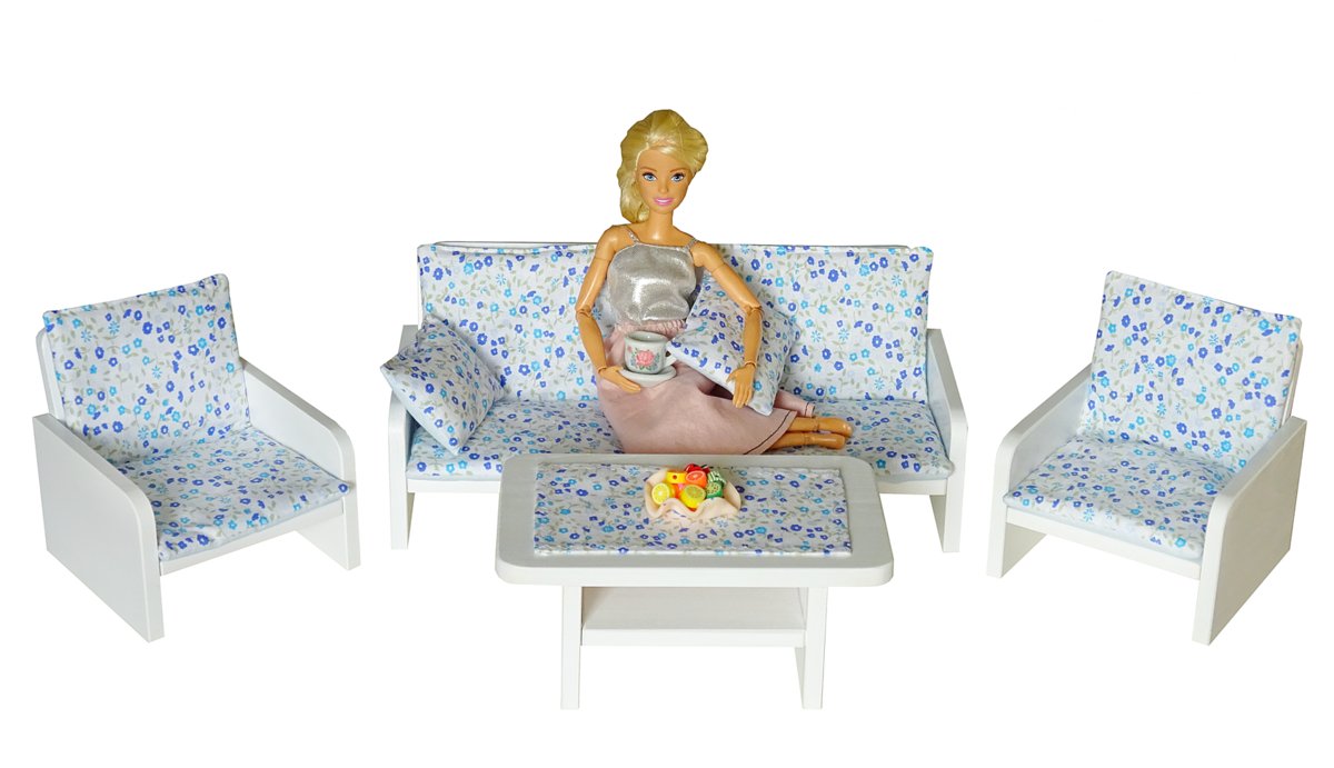 Komplet drewniane mebelki do salonu dużego domku dla lalek : Sofa + fotele + ława 10el. , BŁĘKITNA ŁĄCZKA