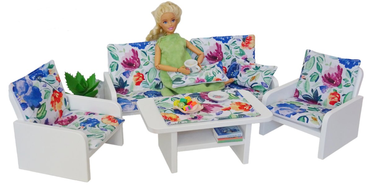 Komplet drewniane mebelki do salonu dużego domku dla lalek : Sofa + fotele + ława 10el. , AKWARELA