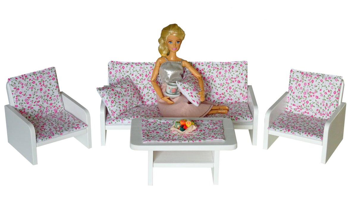 Komplet drewniane mebelki do salonu dużego domku dla lalek : Sofa + fotele + ława 10el. , RÓŻOWA ŁĄCZKA