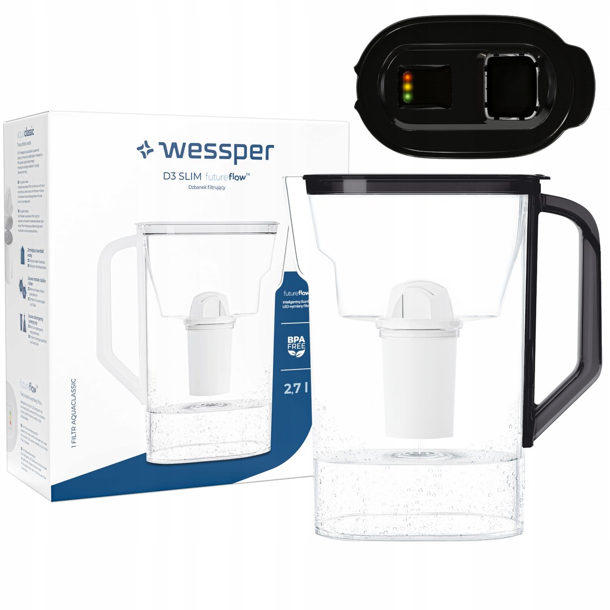 Dzbanek filtrujący wodę Wessper D3 Slim FutureFlow LED + 1x Filtr Wessper