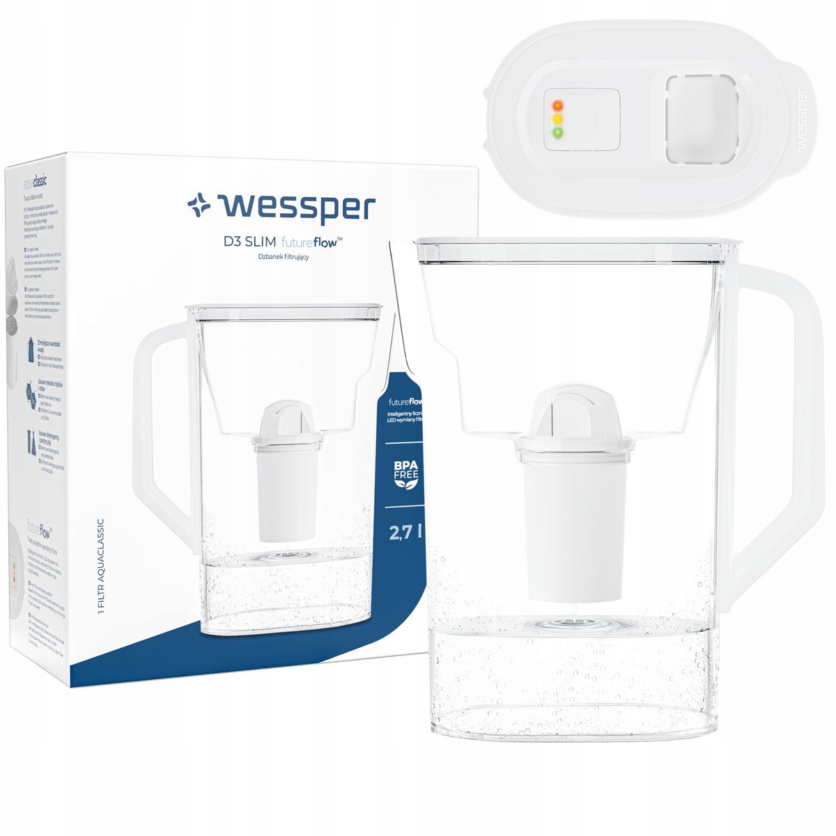 Dzbanek filtrujący wodę Wessper D3 Slim FutureFlow LED + 1x Filtr Wessper