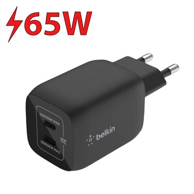 BELKIN WALL CHARGER DUAL USB-C PD 65W PPS GAN BLK