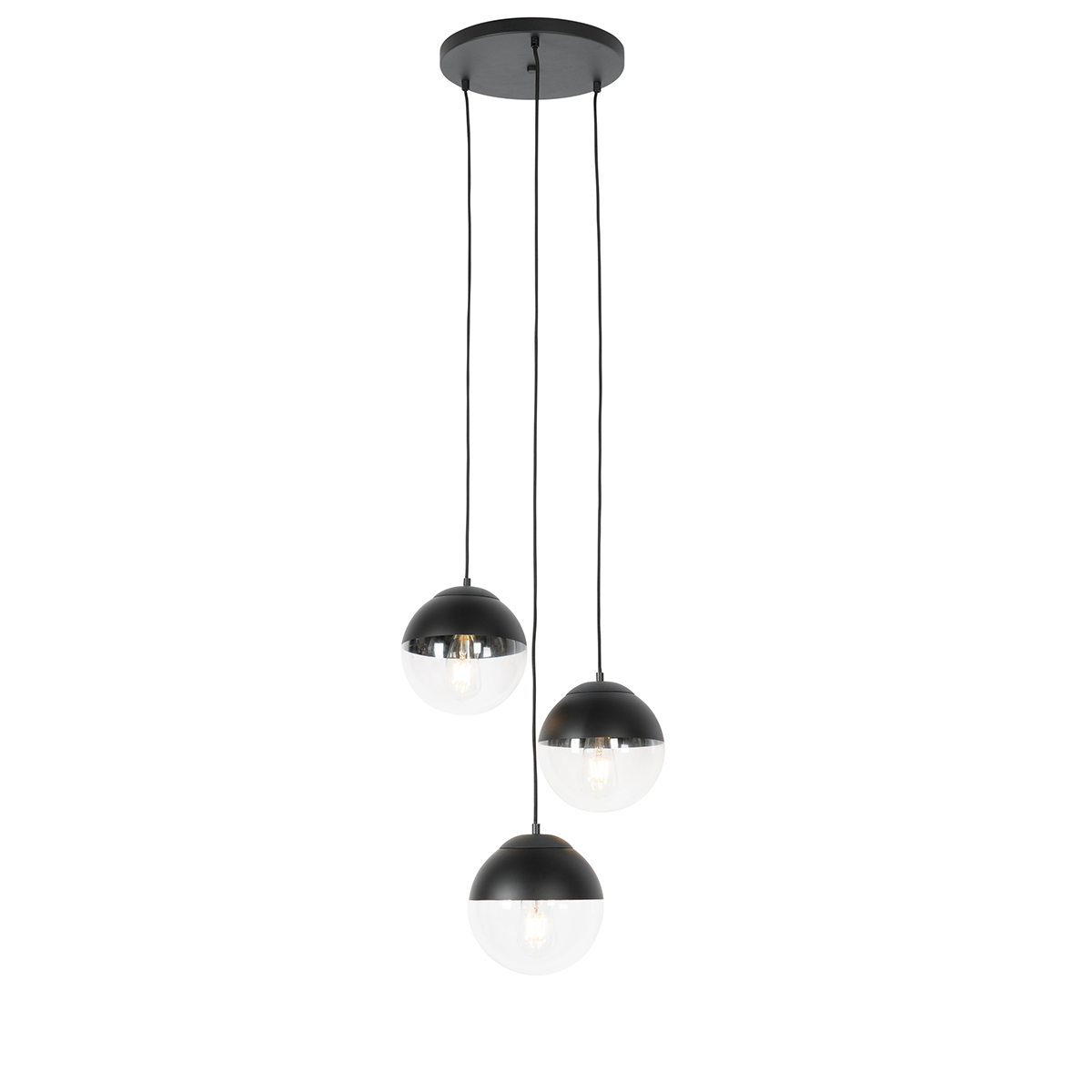 QAZQA Retro lampa wisząca czarna z przezroczystym szkłem  okrągła  3-punktowa - Eclipse