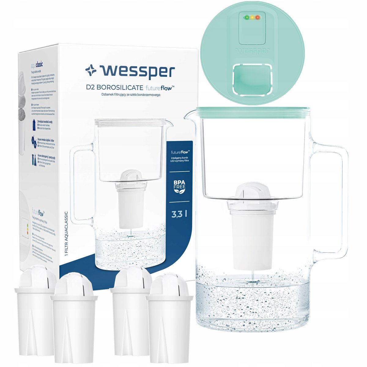 Szklany dzbanek filtrujący Wessper FutureFlow Aquaclassic + 5x Filtr Wkład
