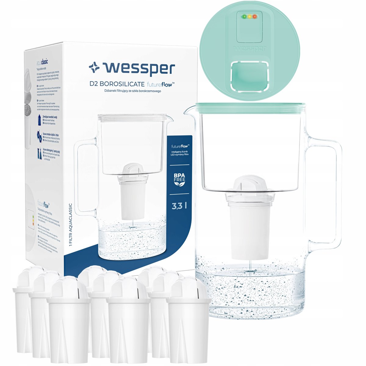 Szklany dzbanek filtrujący Wessper FutureFlow Aquaclassic + 10x Filtr Wkład