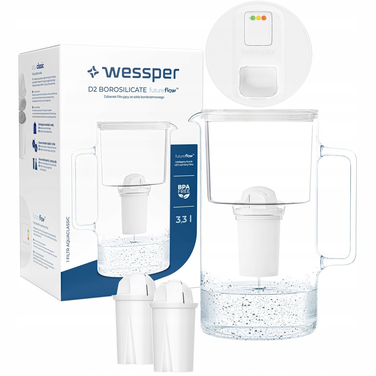 Szklany dzbanek filtrujący Wessper FutureFlow Aquaclassic + 3x Filtr Wkład