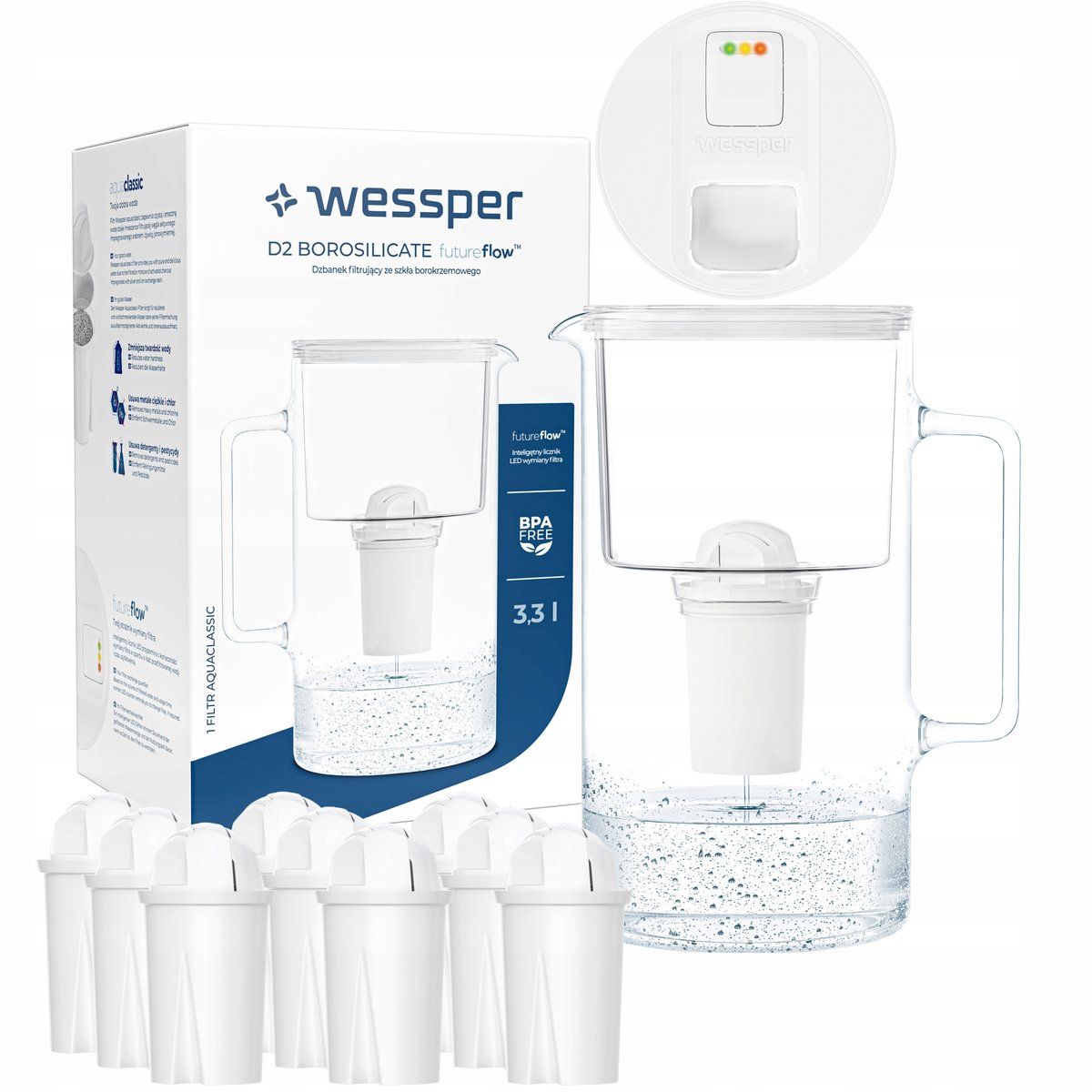 Szklany dzbanek filtrujący Wessper FutureFlow Aquaclassic + 10x Filtr Wkład
