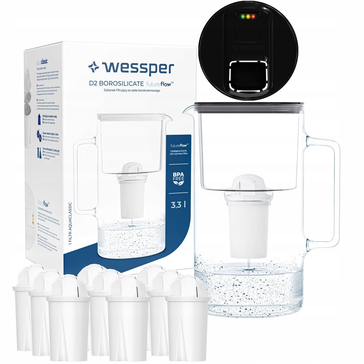 Szklany dzbanek filtrujący Wessper FutureFlow Aquaclassic + 10x Filtr Wkład