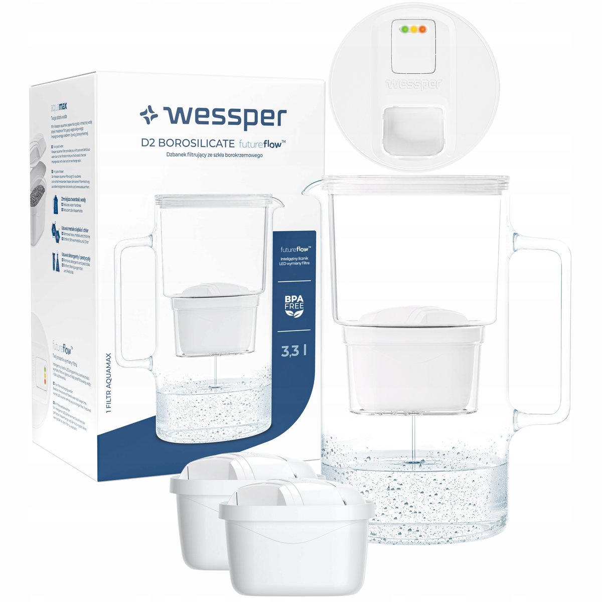 Dzbanek filtrujący Wessper Aquamax 3,3l - Licznik LED + 3x Filtr do wody