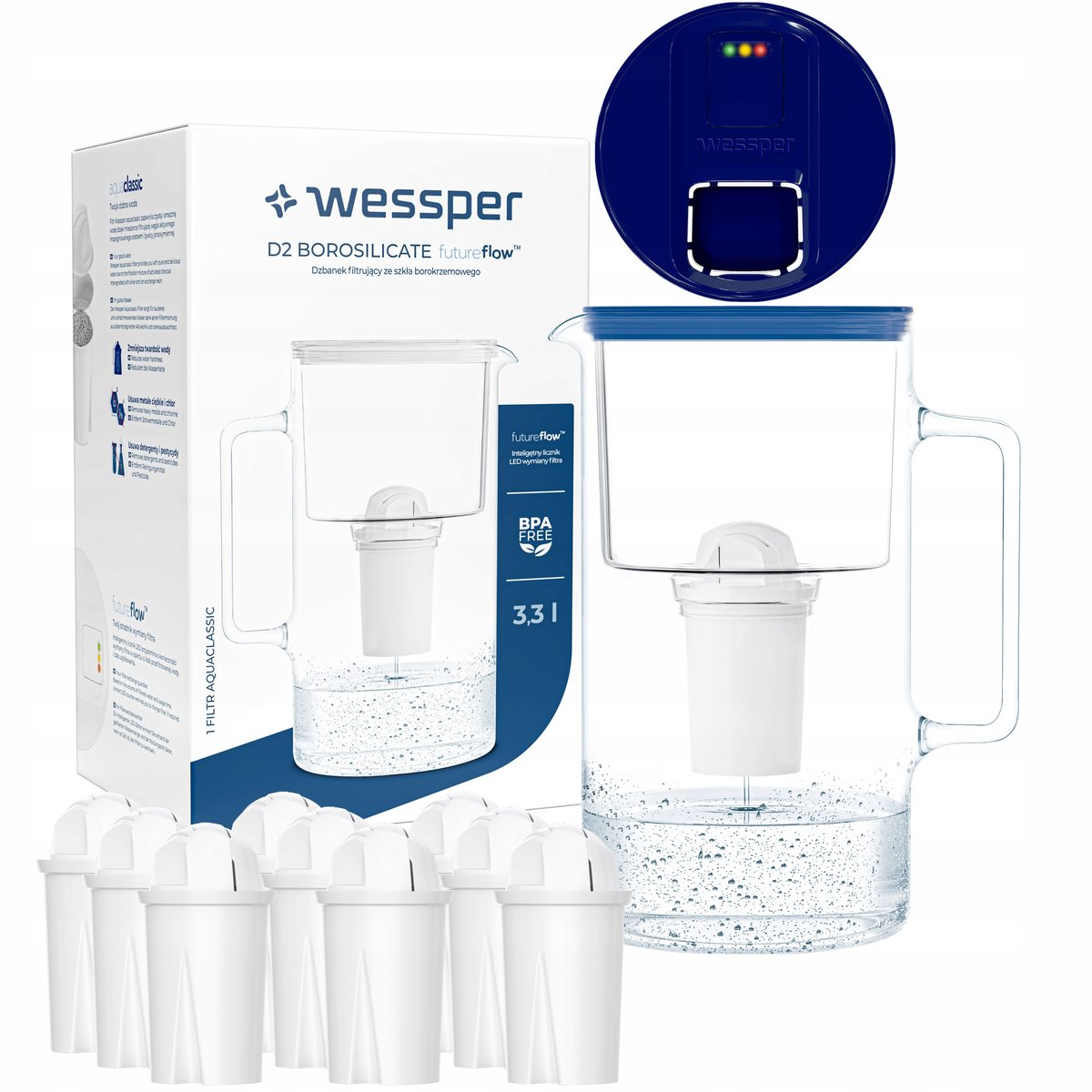 Szklany dzbanek filtrujący Wessper FutureFlow Aquaclassic + 10x Filtr Wkład