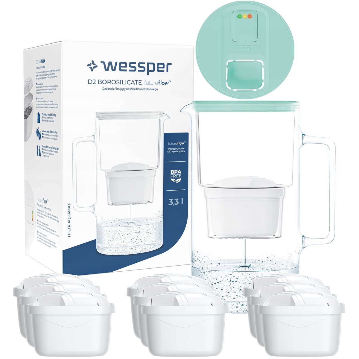 Dzbanek filtrujący Wessper Aquamax 3,3l - Licznik LED + 10x Filtr do wody