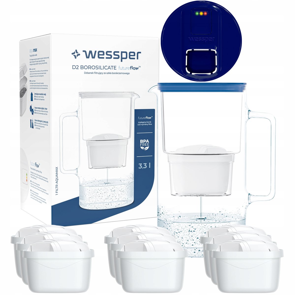 Dzbanek filtrujący Wessper Aquamax 3,3l - Licznik LED + 10x Filtr do wody