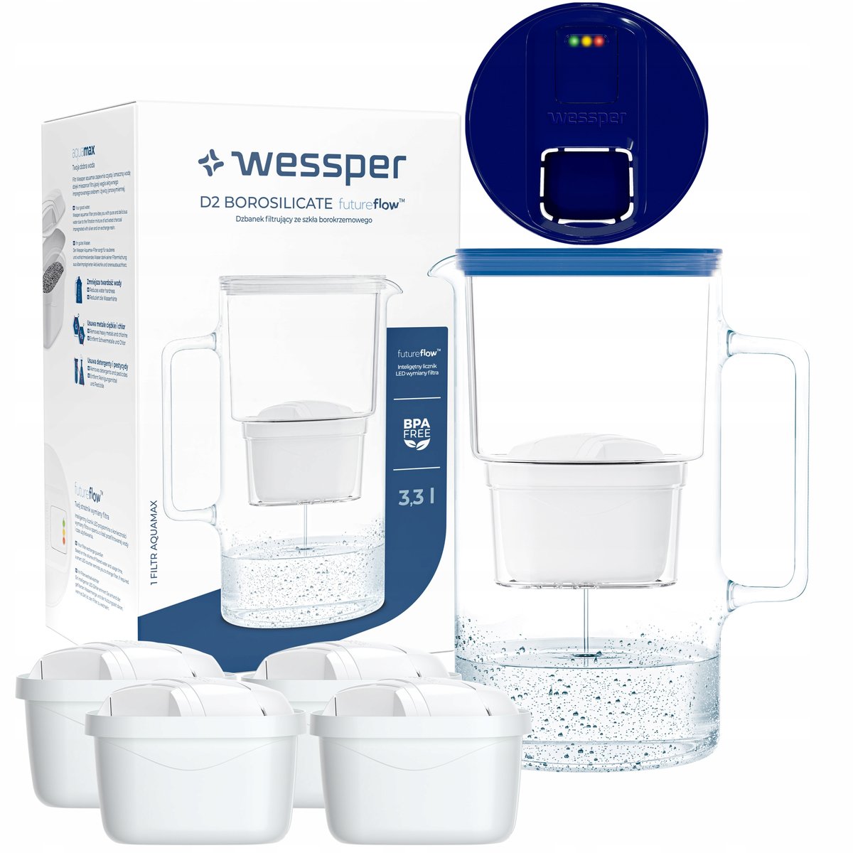 Dzbanek filtrujący Wessper Aquamax 3,3l - Licznik LED + 5x Filtr do wody