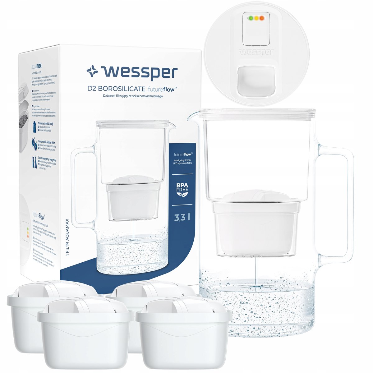 Dzbanek filtrujący Wessper Aquamax 3,3l - Licznik LED + 5x Filtr do wody