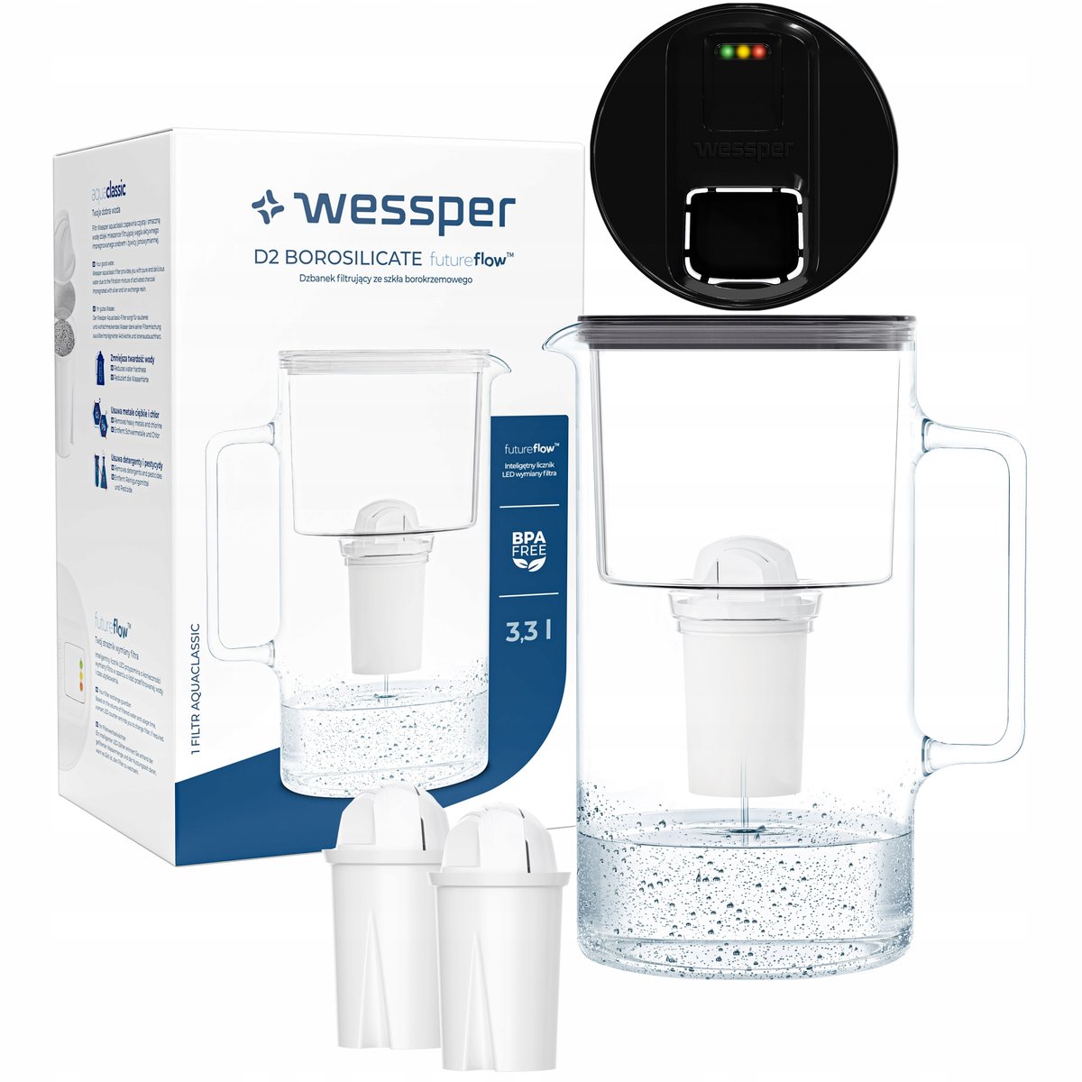 Szklany dzbanek filtrujący Wessper FutureFlow Aquaclassic + 3x Filtr Wkład