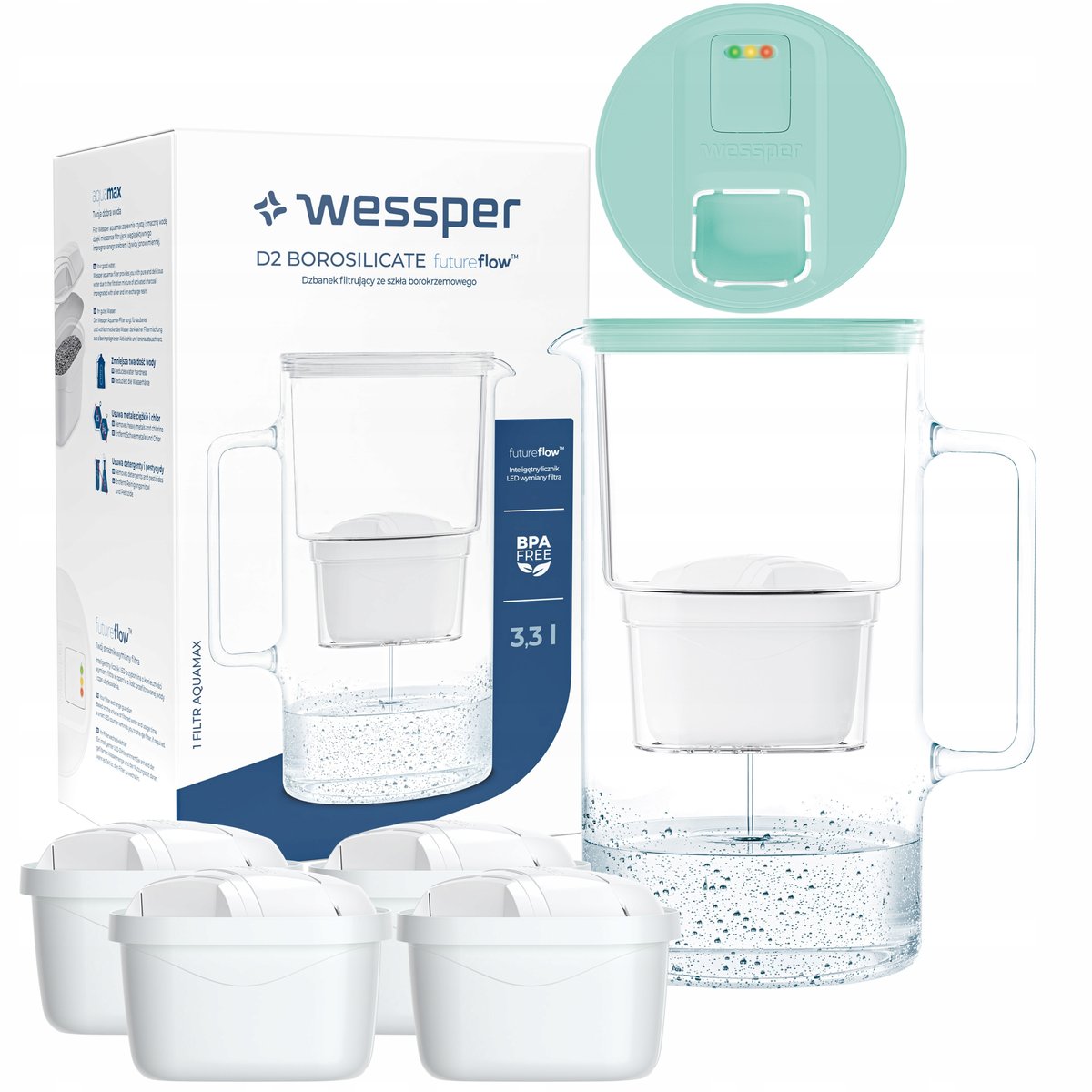 Dzbanek filtrujący Wessper Aquamax 3,3l - Licznik LED + 5x Filtr do wody