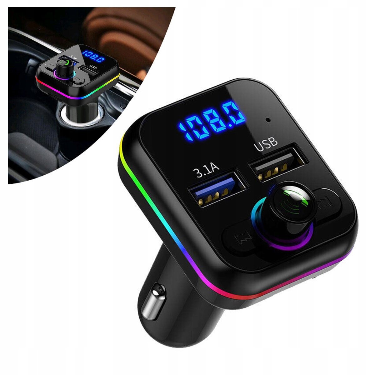 Transmiter Bluetooth Samochodowy Fm 2X Usb Rgb
