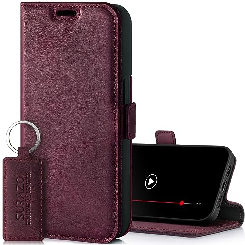 SURAZO Etui na telefon komórkowy Apple iPhone 15 Pro, cienkie, magnetyczne etui ze skóry – składane etui ochronne z prawdziwej skóry [z kieszenią na karty, ochroną RFID], etui z klapką, skórzane etui