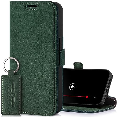 SURAZO Etui na telefon komórkowy Apple iPhone 15 Pro Max Slim – składane etui ochronne z prawdziwej skóry [z przegródką na karty, ochroną RFID] etui z klapką, skórzane etui (ciemnozielone)