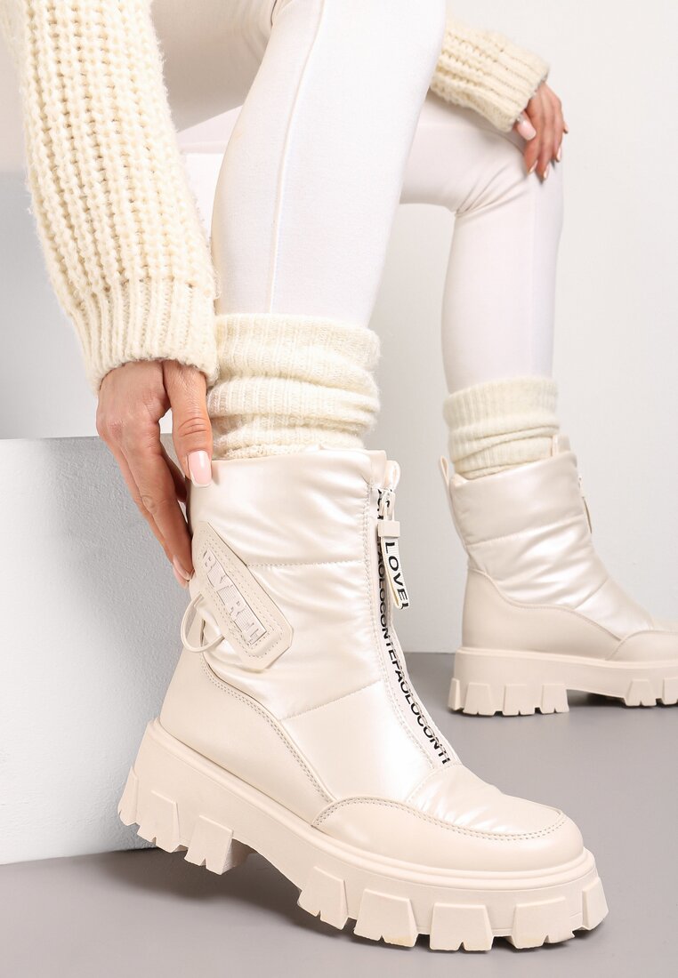 Beżowe Śniegowce z Ekoskóry z Ozdobnym Suwakiem i Napisem Veneria