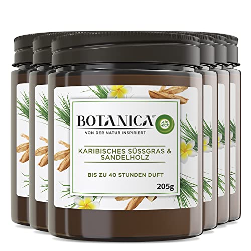 Botanica by Air Wick 6 x świeca zapachowa w słoiku – do 40 godzin na świecę – zapach: słodka trawa i drzewo sandałowe – zrównoważona produkcja z naturalnych składników – 6 x 205 g świeca w słoiku