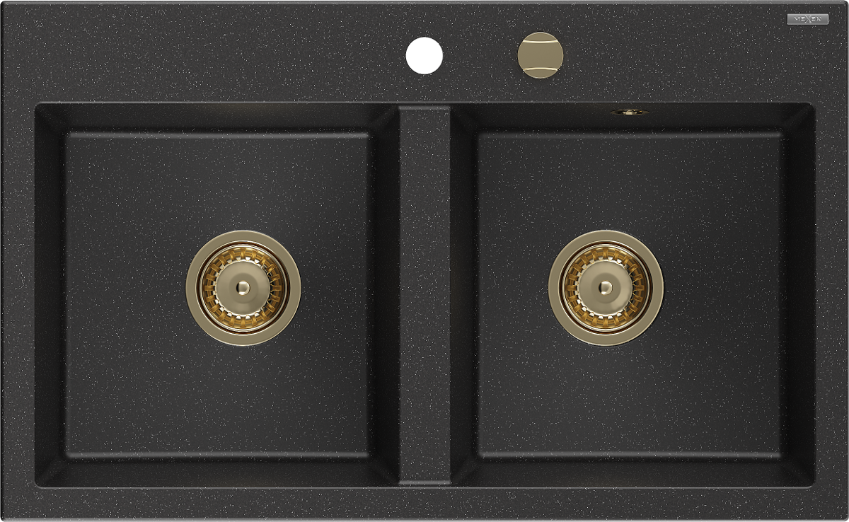 Mexen Hektor zlewozmywak granitowy 2-komorowy 800 x 490 mm, czarny/srebrny metalik, syfon złoty - 6521802000-73-G