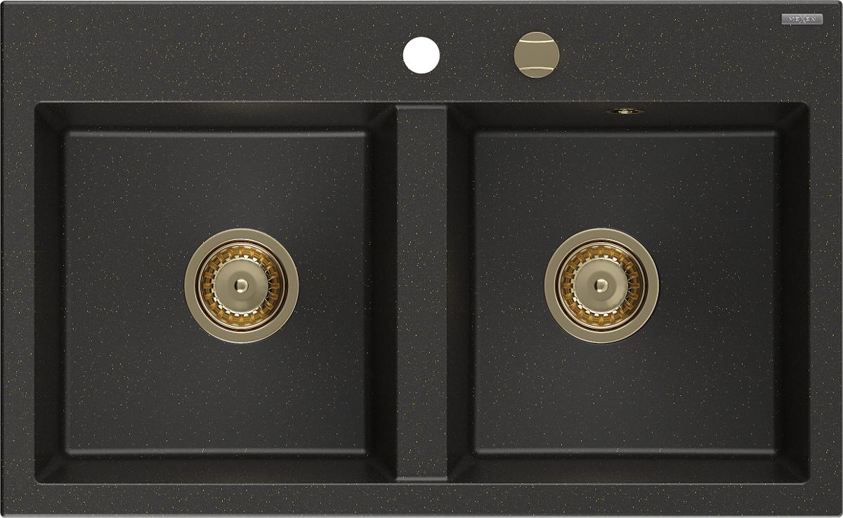 Mexen Hektor zlewozmywak granitowy 2-komorowy 800 x 490 mm, czarny/złoty metalik, syfon złoty - 6521802000-75-G