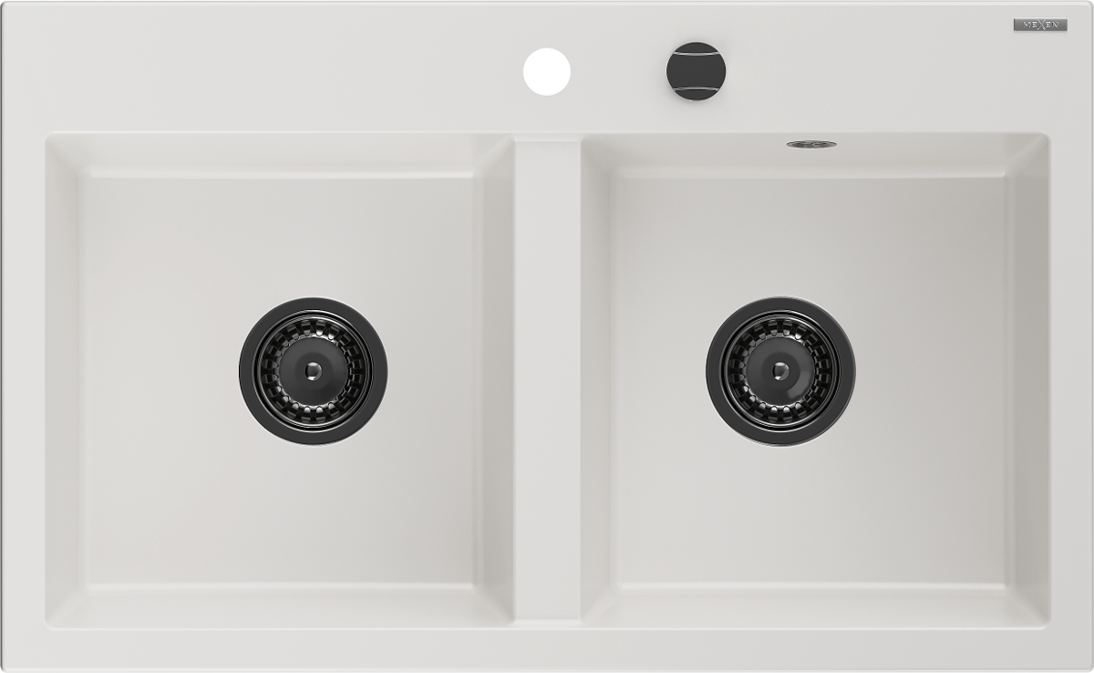 Mexen Hektor zlewozmywak granitowy 2-komorowy 800 x 490 mm, biały, syfon czarny - 6521802000-20-B
