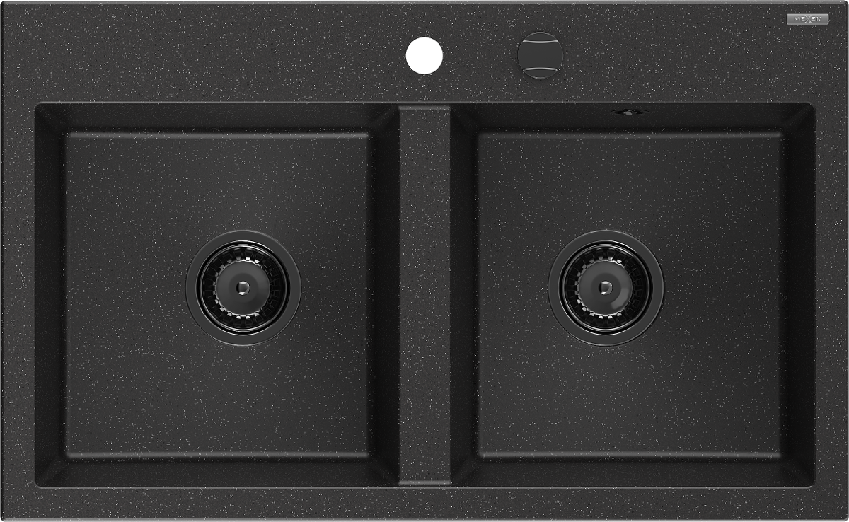 Mexen Hektor zlewozmywak granitowy 2-komorowy 800 x 490 mm, czarny/srebrny metalik, syfon czarny - 6521802000-73-B