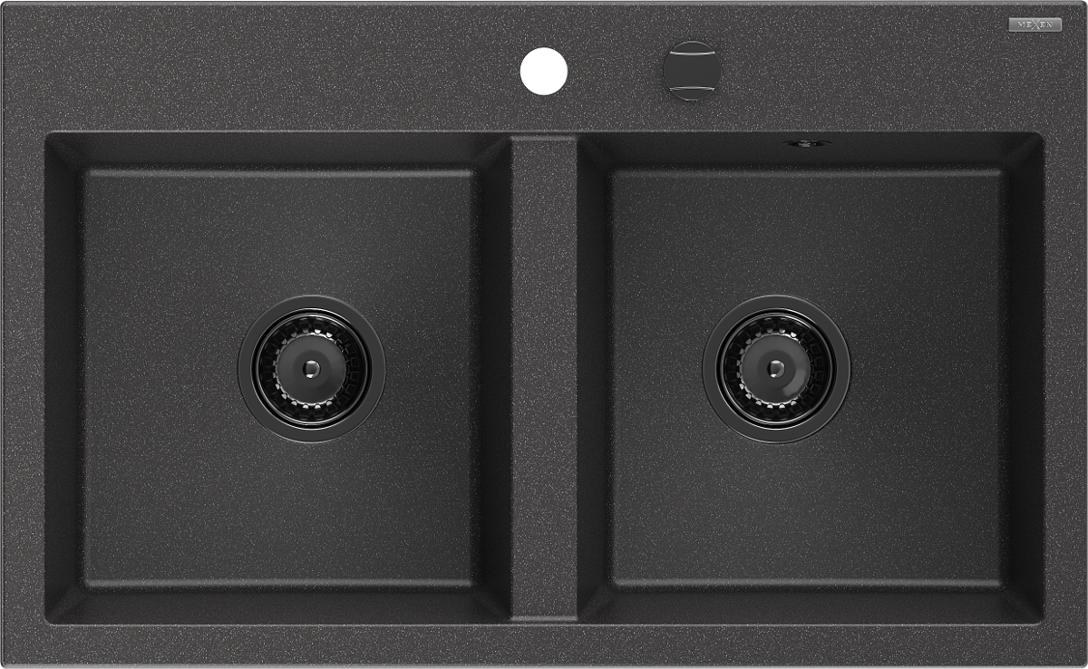 Mexen Hektor zlewozmywak granitowy 2-komorowy 800 x 490 mm, czarny nakrapiany, syfon czarny - 6521802000-76-B