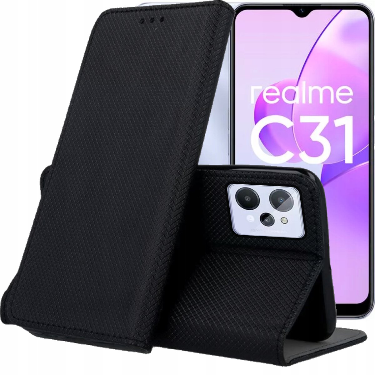 ETUI Z KLAPKĄ DO REALME C31 CZARNE ZAMYKANE MAGNETYCZNE KABURA FUTERAŁ FLIP