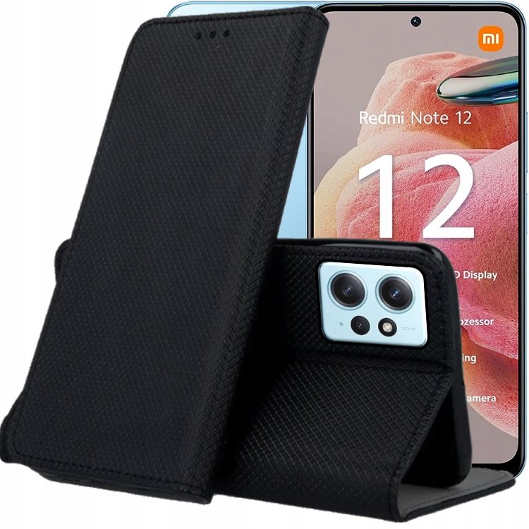 ETUI Z KLAPKĄ DO XIAOMI REDMI NOTE 12 4G CZARNE ZAMYKANE MAGNETYCZNE KABURA