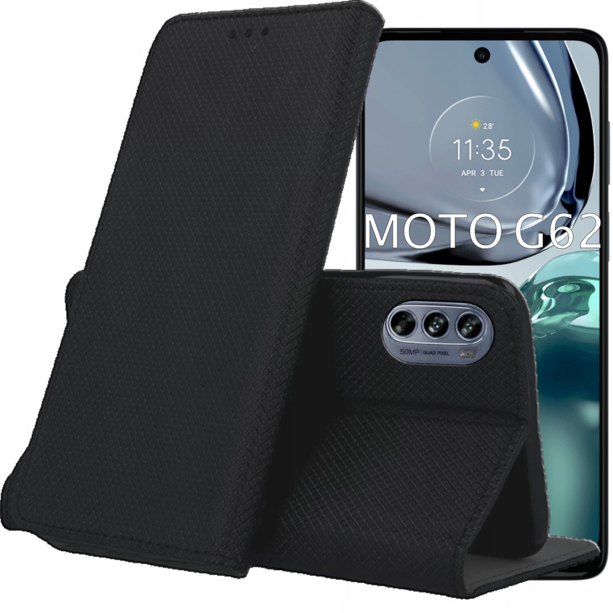 ETUI Z KLAPKĄ DO MOTOROLA MOTO G62 5G CZARNE ZAMYKANE MAGNETYCZNE KABURA