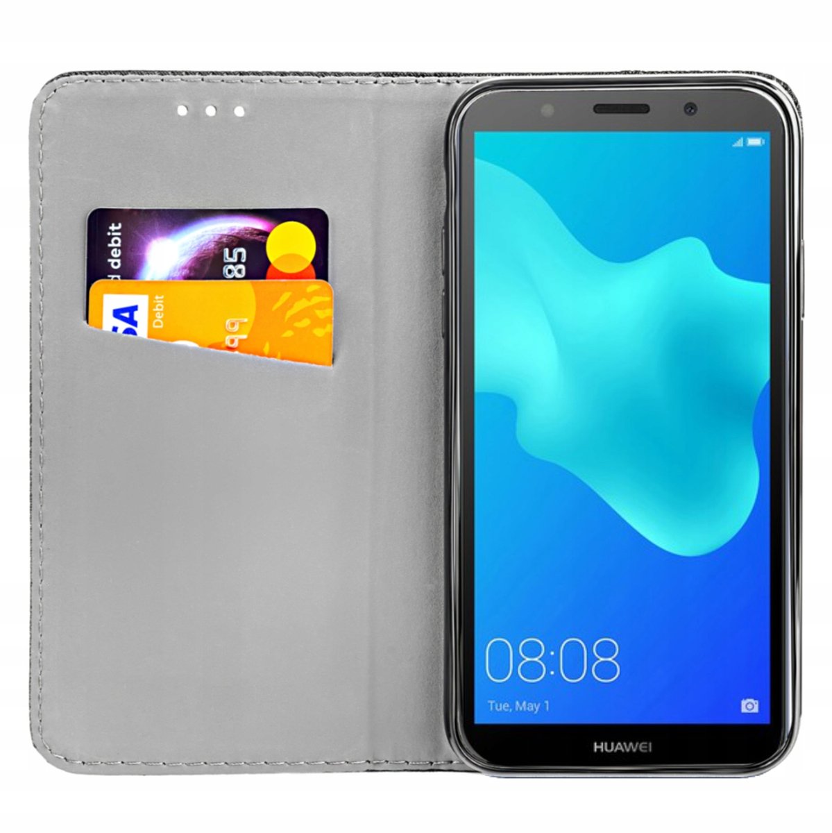 ETUI Z KLAPKĄ DO HUAWEI Y5 2018 CZARNE ZAMYKANE MAGNETYCZNE KABURA FUTERAŁ