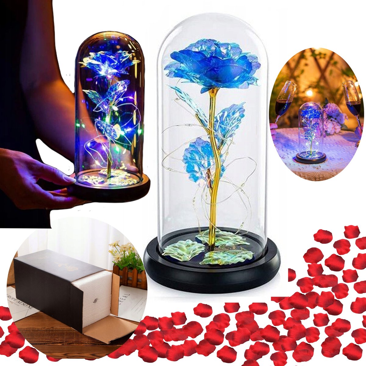 WIECZNA RÓŻA W SZKLE LED PREZENT NA WALENTYNKI PUDEŁKO ŚWIĘTA URODZINY